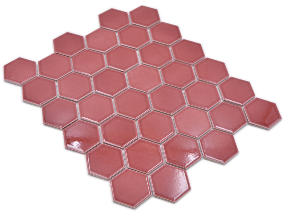 Keramikmosaik Mosaikfliese Hexagon Bordeauxrot glänzend Fliesenspiegel Küchenfliese Badfliese - 11H-0901