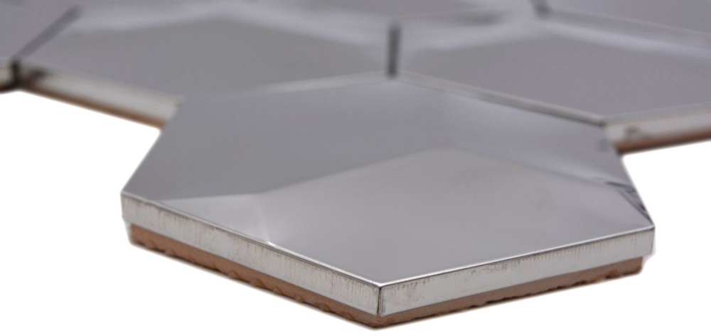 Mosaik Fliese Edelstahl Silber Hexagon 3D Glänzend Wandfliese Küchenrückwand - 129-HXM10SG