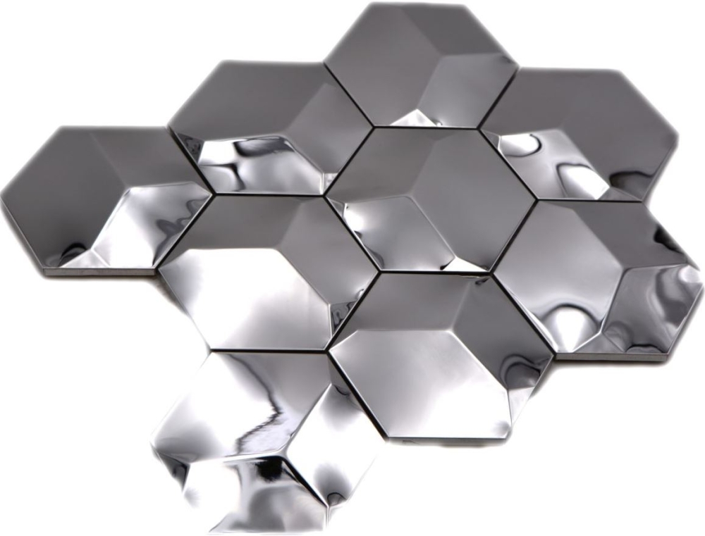 Mosaik Fliese Edelstahl Silber Hexagon 3D Glänzend Wandfliese Küchenrückwand - 129-HXM10SG