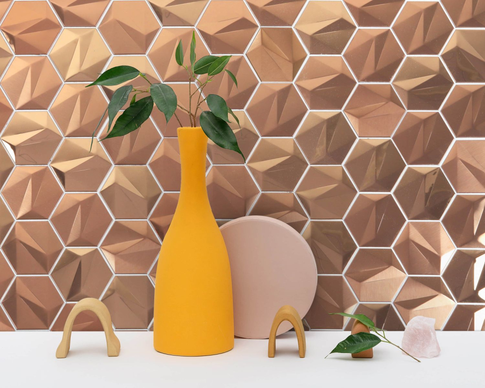 Mosaico hexagonal aspecto acero inoxidable oro rosa brillante - 10 hojas de mosaico