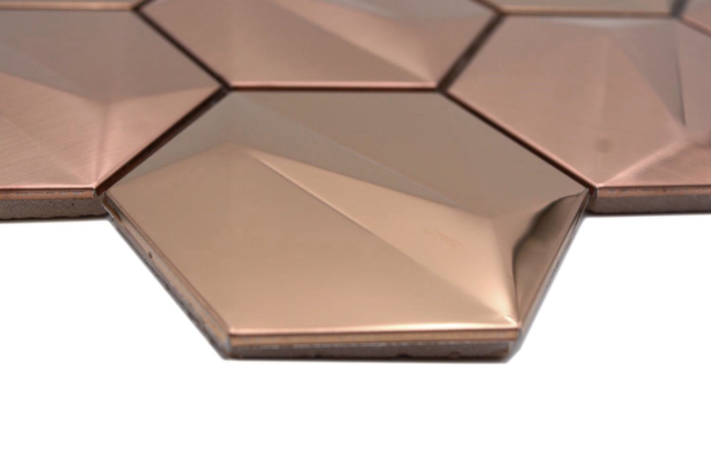 Mosaico hexagonal aspecto acero inoxidable oro rosa brillante - 10 hojas de mosaico