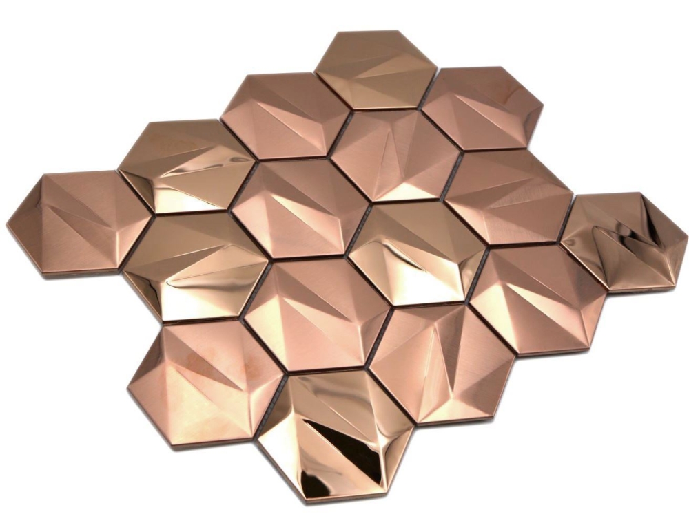 Mosaico hexagonal aspecto acero inoxidable oro rosa brillante - 10 hojas de mosaico