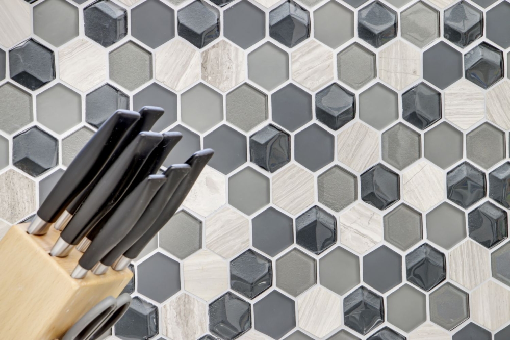 Mosaique Hexagon Mosaique de verre Pierre mix 3D gris Mix translucide aspect hexagonal mat