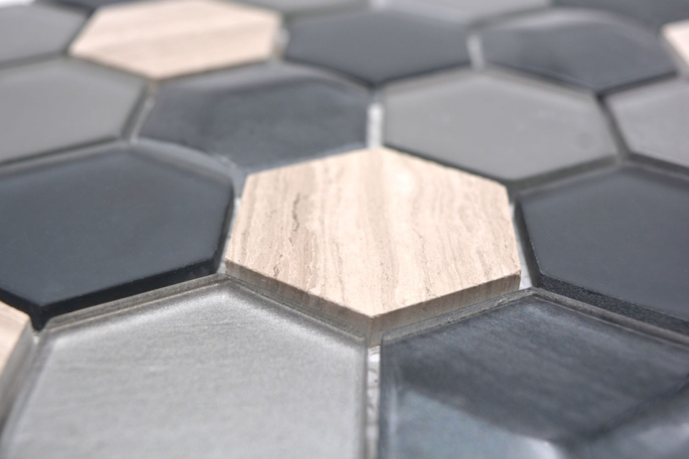 Mosaique Hexagon Mosaique de verre Pierre mix 3D gris Mix translucide aspect hexagonal mat