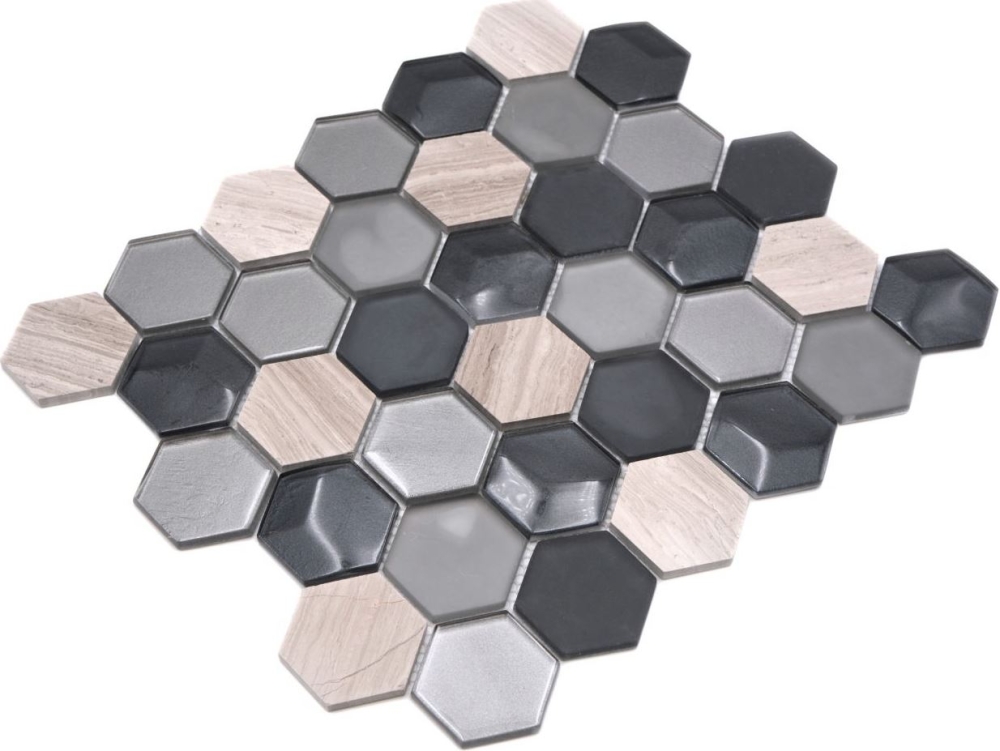 Mosaique Hexagon Mosaique de verre Pierre mix 3D gris Mix translucide aspect hexagonal mat