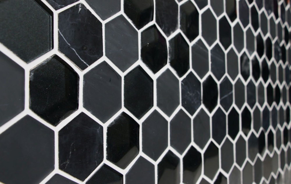 Mosaik Hexagon Glasmosaik Stein mix 3D schwarz Mix Transluzent Hexagonoptik matt