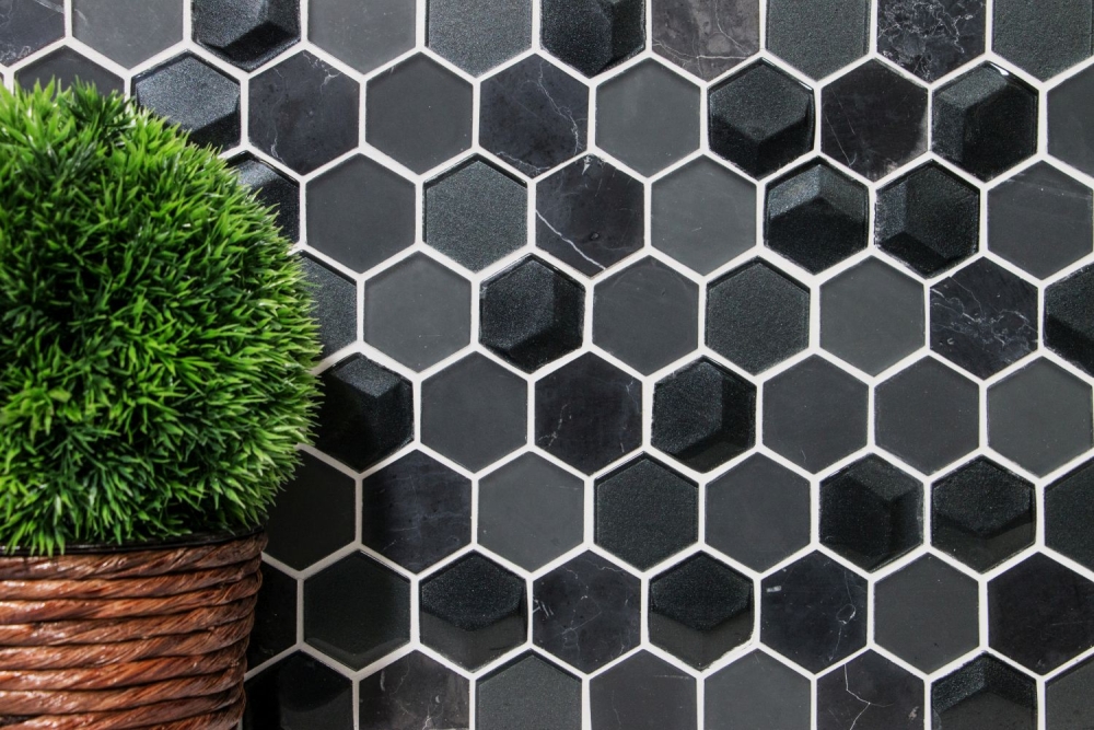 Mosaik Hexagon Glasmosaik Stein mix 3D schwarz Mix Transluzent Hexagonoptik matt