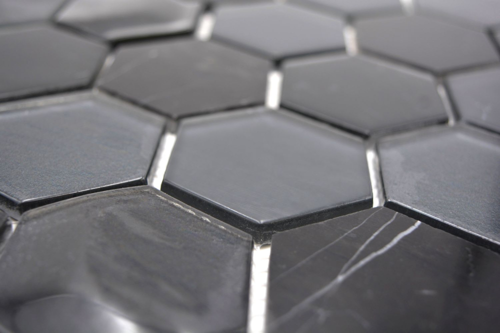 Mosaik Hexagon Glasmosaik Stein mix 3D schwarz Mix Transluzent Hexagonoptik matt