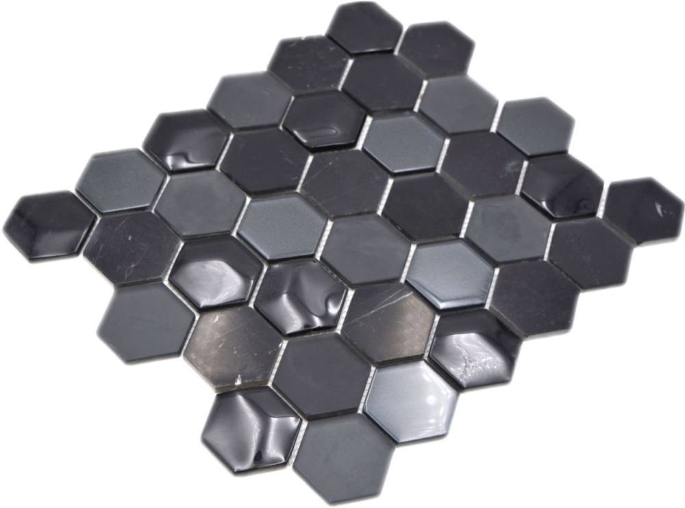 Mosaik Hexagon Glasmosaik Stein mix 3D schwarz Mix Transluzent Hexagonoptik matt