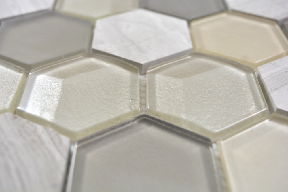 Mosaique Hexagon Mosaique de verre Pierre mix 3D gris clair Mix translucide aspect hexagonal mat