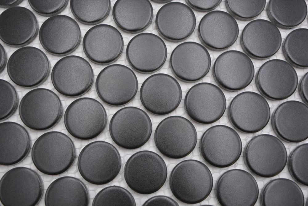 Keramik Mosaikfliese Knopf Loop Penny Rund uni schwarz matt