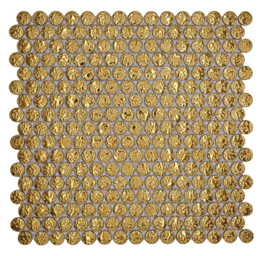 Keramik Mosaikfliese Knopf Loop Penny Rund uni gold gehämmert
