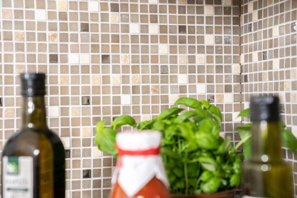 Mosaico in vetro pietra naturale avorio beige marrone argento backsplash di piastrelle - 91-0214 - Kopie