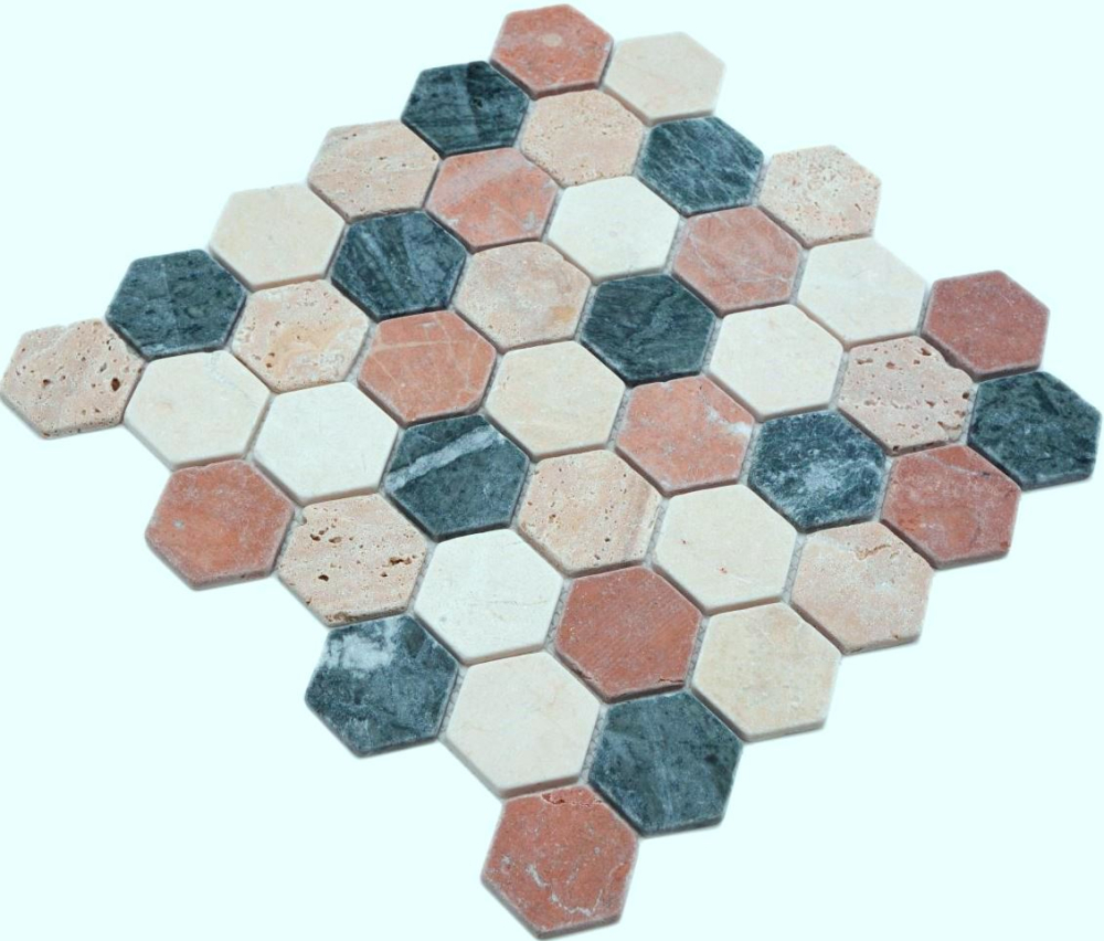 Mosaique Hexagon mix Random Marbre aspect hexagonal creme beige rouge mat