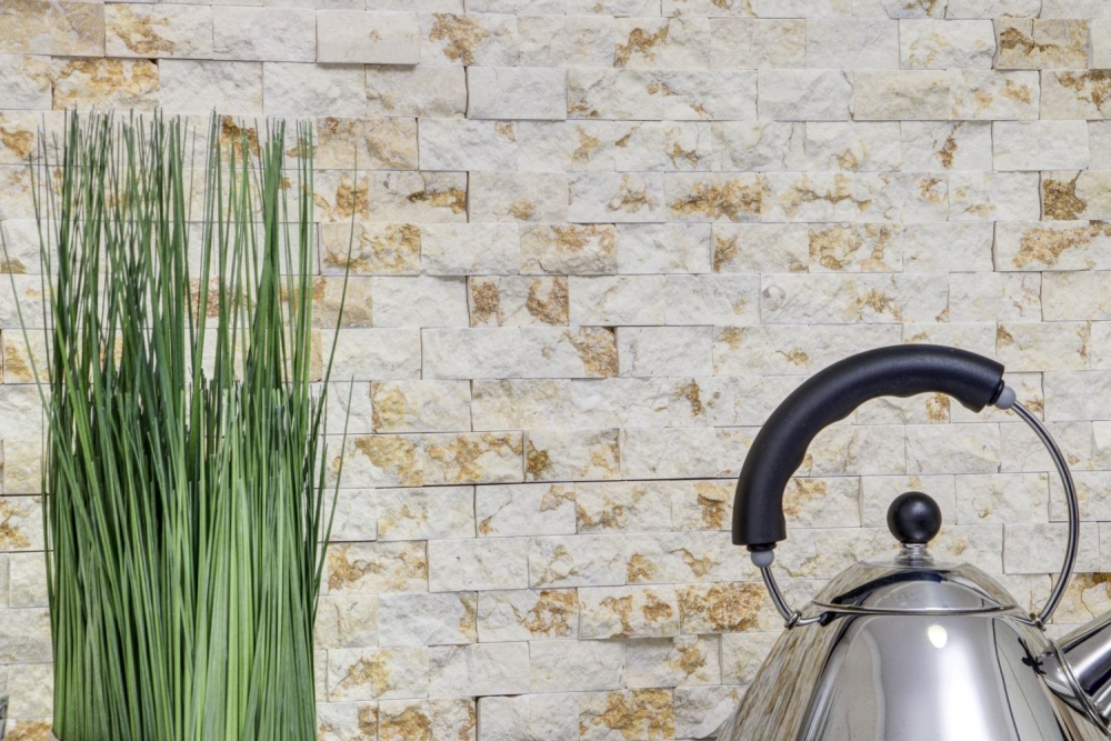 Splitface mosaico azulejo de marmol 3D piedra natural pared Ladrillo soleado oro beige 42-X3D46