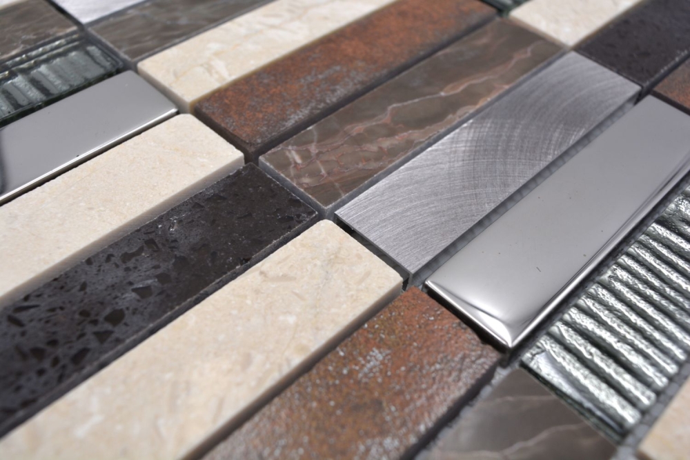 Mosaico Rectangulo Mosaico de vidrio Piedra artificial Alu EP mix beige marron Mix Translucido Composite Aluminio Cross bond look plata negro mate