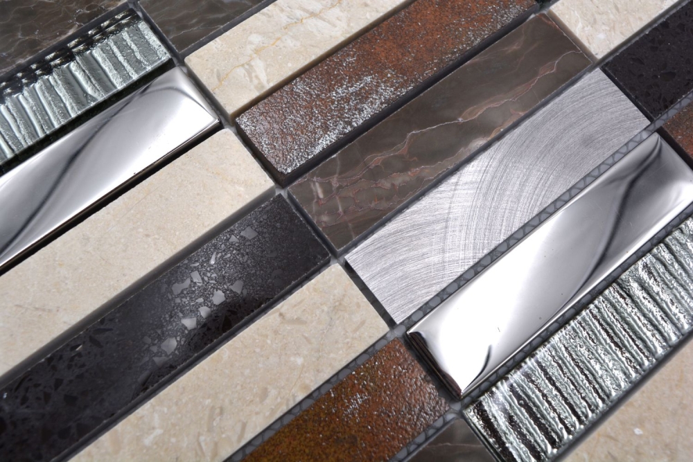 Mosaico Rectangulo Mosaico de vidrio Piedra artificial Alu EP mix beige marron Mix Translucido Composite Aluminio Cross bond look plata negro mate