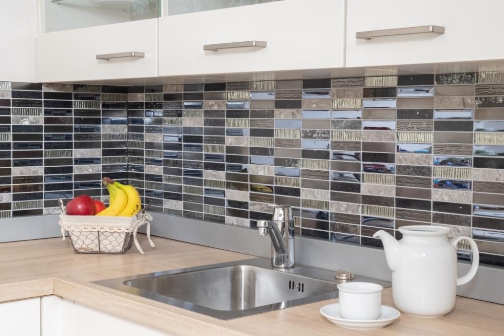 Mosaik Rechteck Glasmosaik Artificial Stein Stahl EP mix schwarz Mix Transluzent Komposit Edelstahl Kreuzverbandoptik silber grau matt