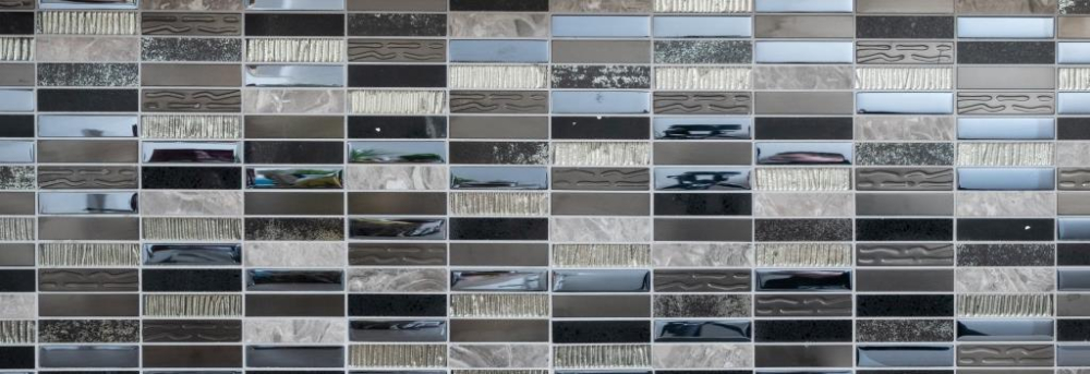 Mosaik Rechteck Glasmosaik Artificial Stein Stahl EP mix schwarz Mix Transluzent Komposit Edelstahl Kreuzverbandoptik silber grau matt