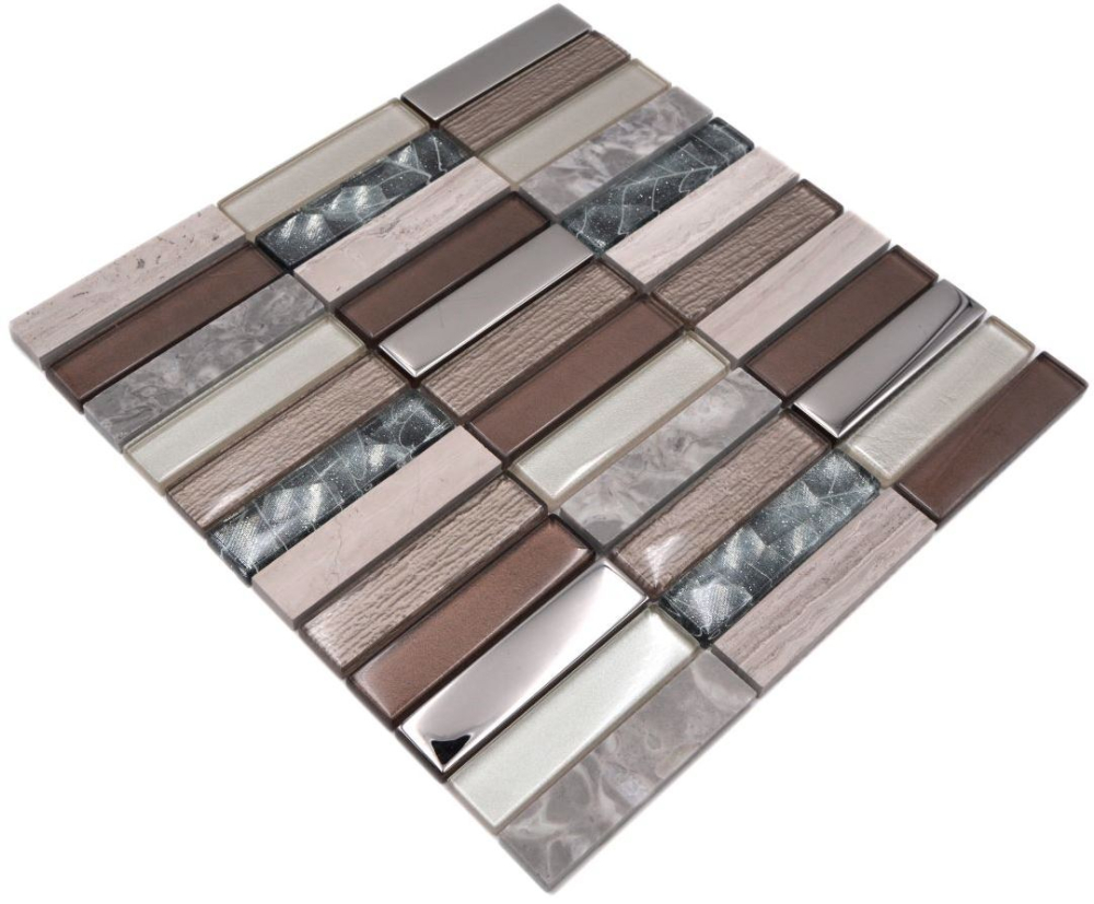Mosaique rectangle mosaique de verre pierre mix brun clair mix translucide aspect croise argent gris brillant