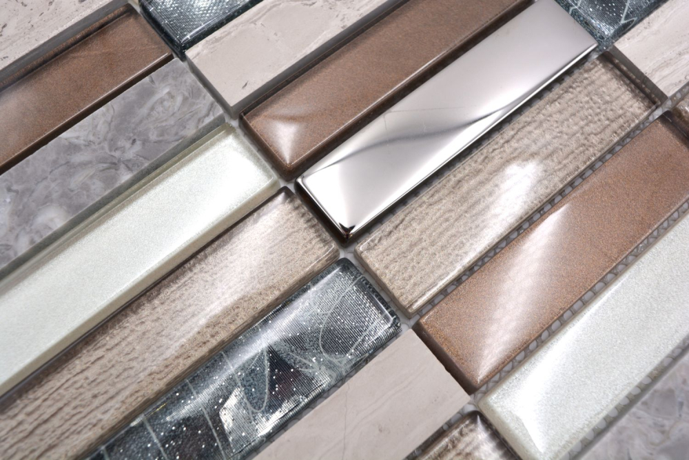Mosaique rectangle mosaique de verre pierre mix brun clair mix translucide aspect croise argent gris brillant