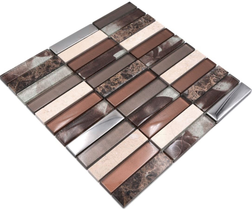 Mosaique rectangle mosaique de verre pierre mix brun mix translucide aspect croise argent brillant