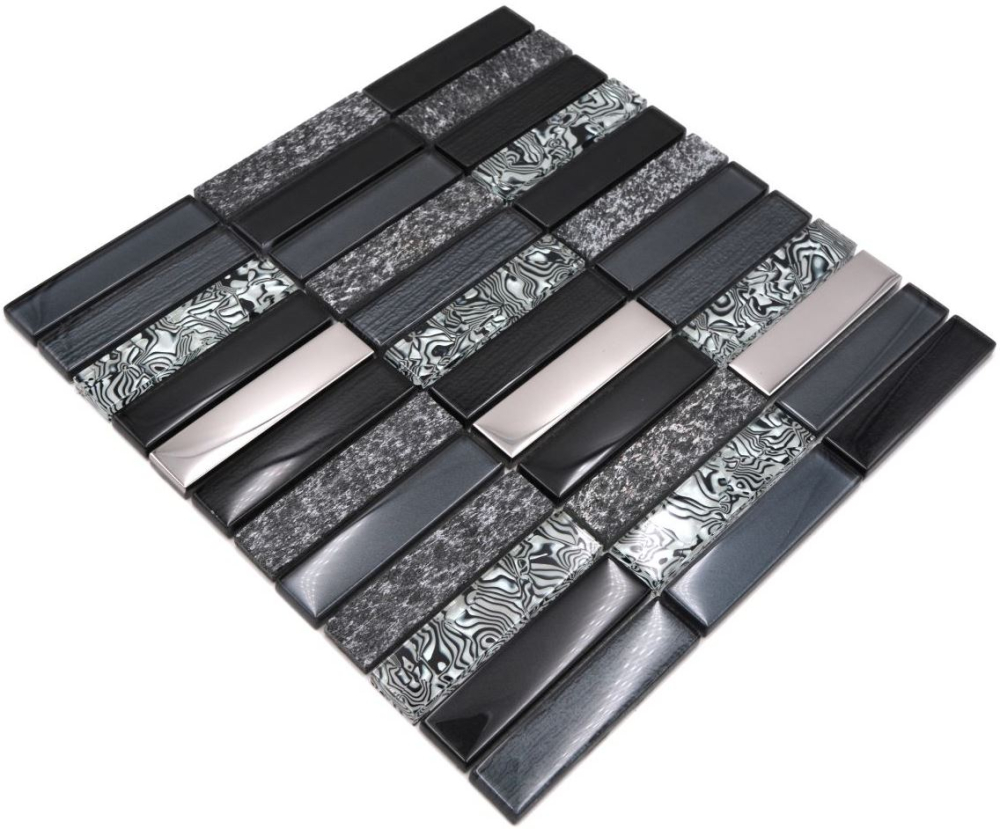 Mosaique rectangle mosaique de verre pierre mix noir mix translucide aspect croise argent gris brillant