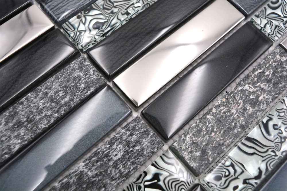 Mosaique rectangle mosaique de verre pierre mix noir mix translucide aspect croise argent gris brillant