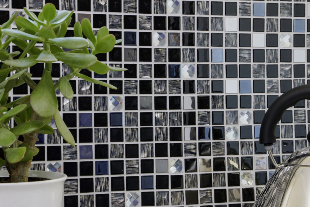 Mosaik Selbstklebend Quadrat Glasmosaik Stahl mix schwarz Glas Mix Transluzent Edelstahl glänzend