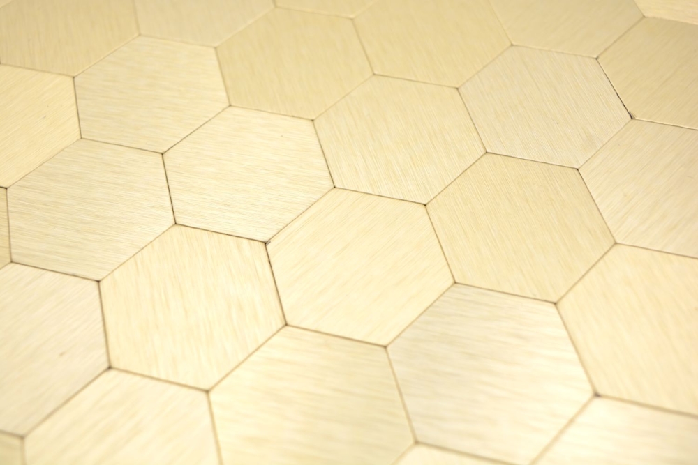 Mosaikfliese Metall / Alu Selbstklebend Hexagonoptik Vinyl Gelbgold Gebürstet Mosaikmatte Fliesenspiegel - 200-4GHX