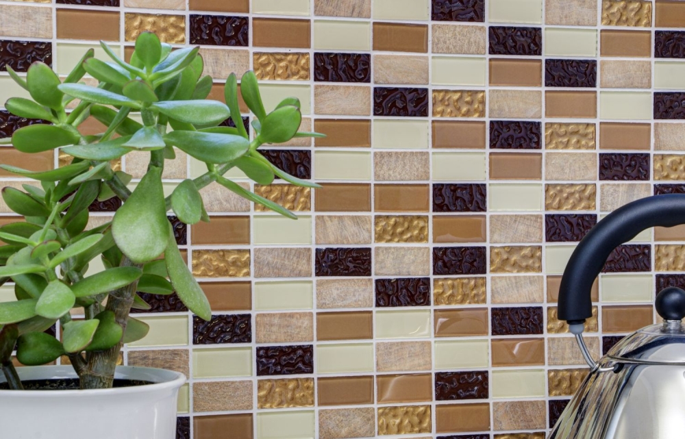 Mosaique autocollante rectangle mosaique de verre pierre mix beige marron mix translucide brillant