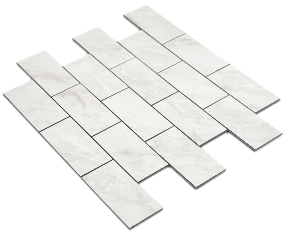 Mosaik Selbstklebend Rechteck AC Steinoptik Carrara Optik Subway Level glossy Aluminium Metall weiß glänzend