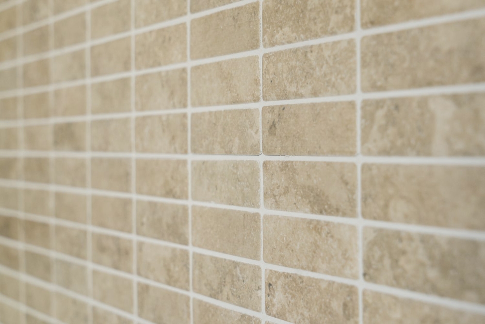 Mosaik Fliese Keramikmosaik Stäbchen beige gelb Travertin Steinoptik 24-STSO67