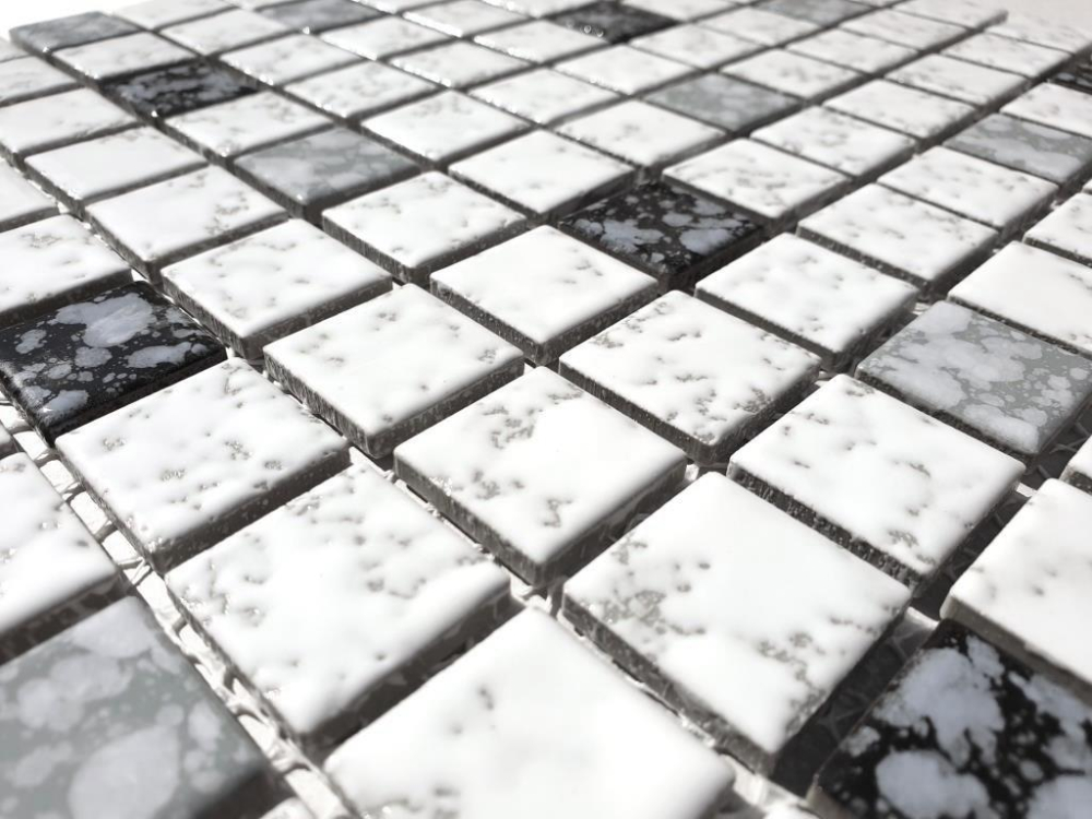 Mosaico cuadrado mezcla de blanco con negro martillado martillo de ceramica mirada brillante
