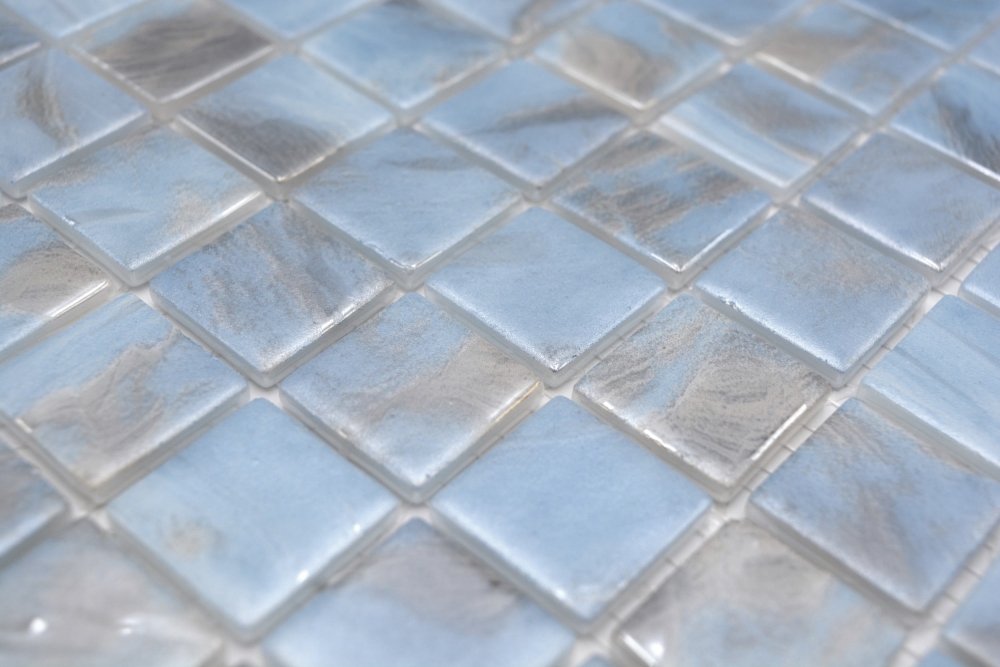 Preview: Mosaikfliese Poolmosaik Schwimmbadmosaik Hellblau marmoriert grau cream silber Schimmer Dusche Wand SPAIN - 220-71252U