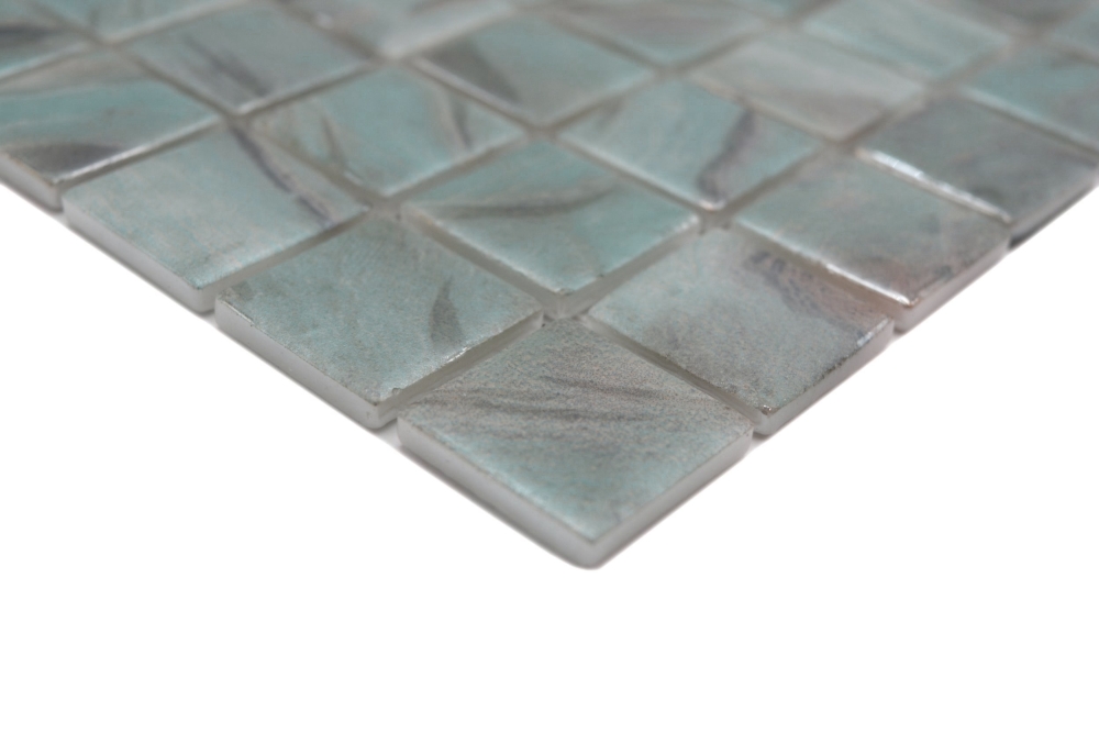 Mosaïque, mosaïque de piscine, turquoise, bleu, gris, crème, reflets argentés