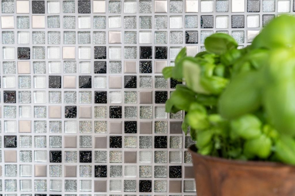 Mosaico cuadrado vidrio mosaico acero mezcla plata negro mezcla translucido acero inoxidable brillante