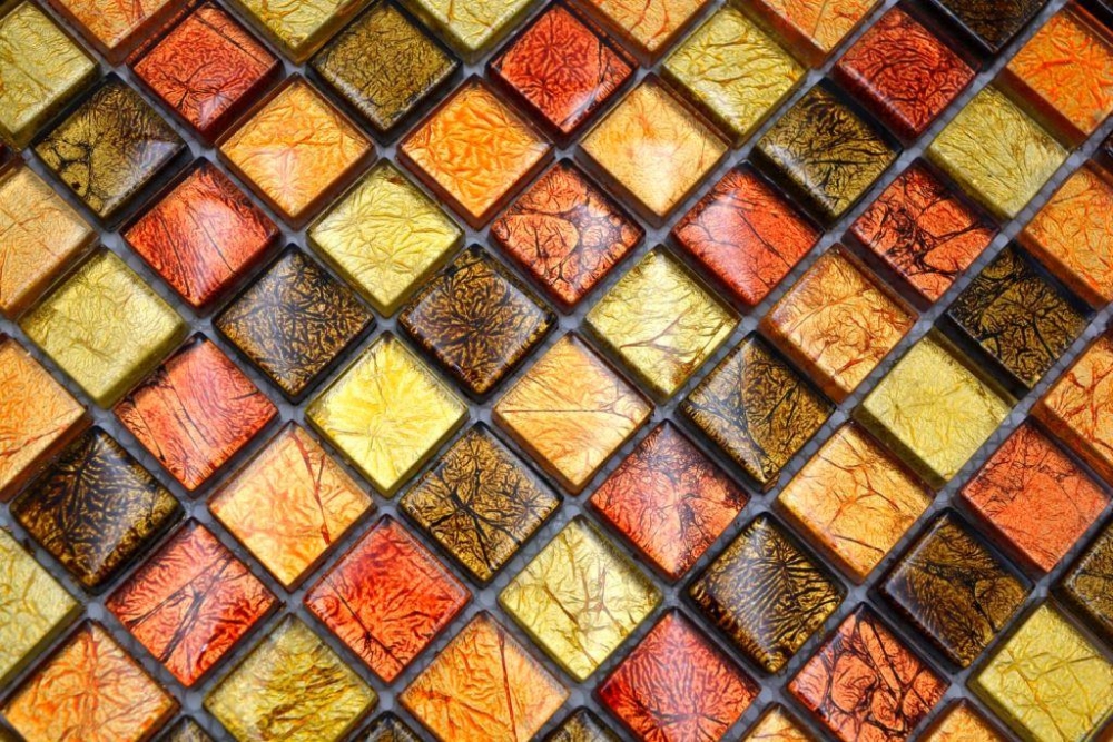 Mosaique Carreau de verre Mosaique de verre Or Rouge Orange Structure Revetement mural Cuisine Salle de bains - 120-07814