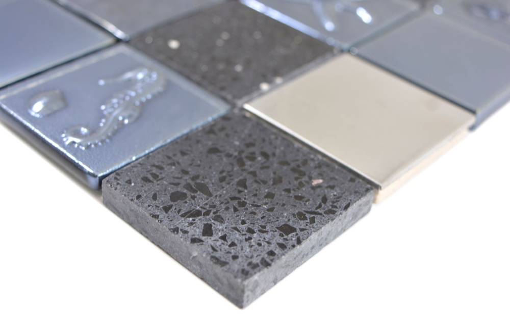 Mosaik Quadrat Glasmosaik Artificial Stahl mix Relief black Mix Transluzent Komposit Edelstahl Reliefoptik schwarz glänzend