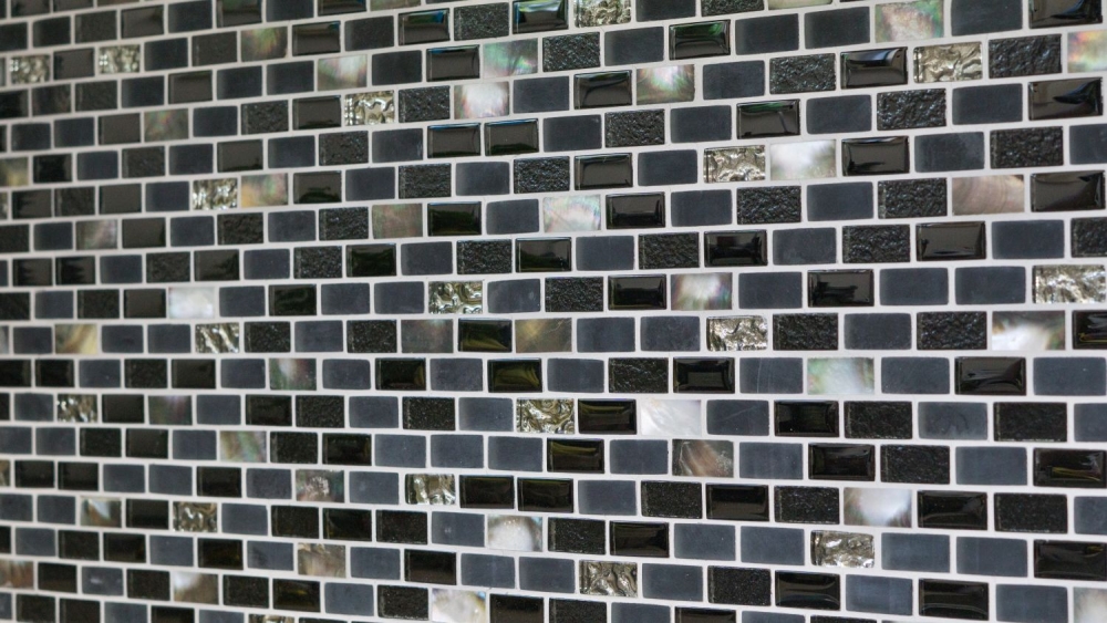 Mosaik Brick Glasmosaik Stein Muschel mix schwarz MIX Transluzent Mauerverbandoptik glänzend