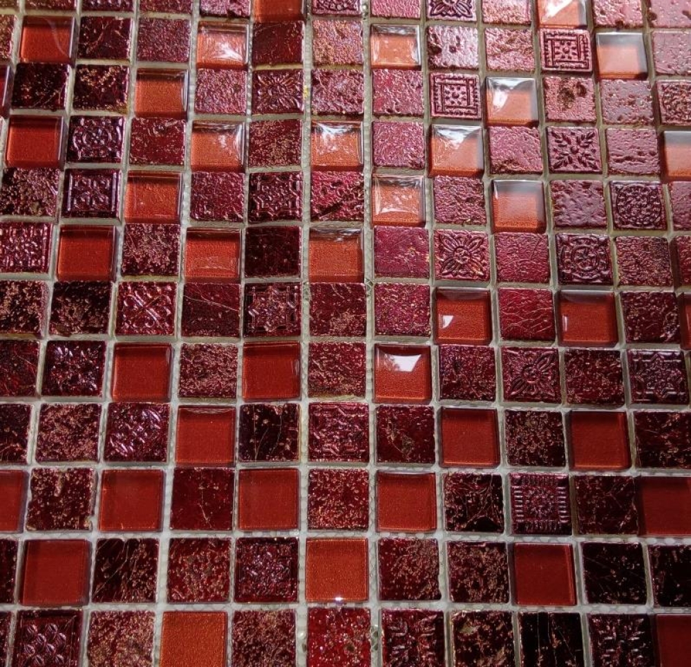 Kunststein Rustikal Mosaikfliese Glasmosaik Resin dunkelrot feuerrot BAD WC Küchenrückwand Fliesenspiegel Wand - 82-0906