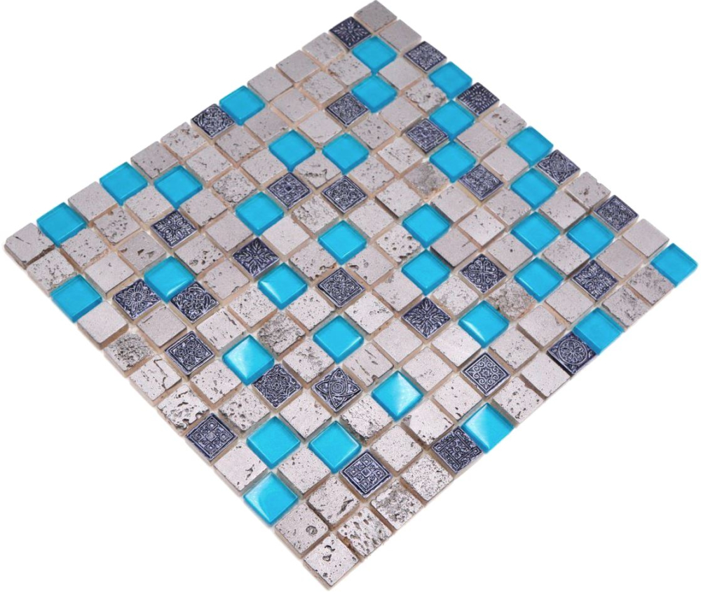 Mosaico retro look mezcla resina translucida azul-gris brillante - 10 hojas de mosaico