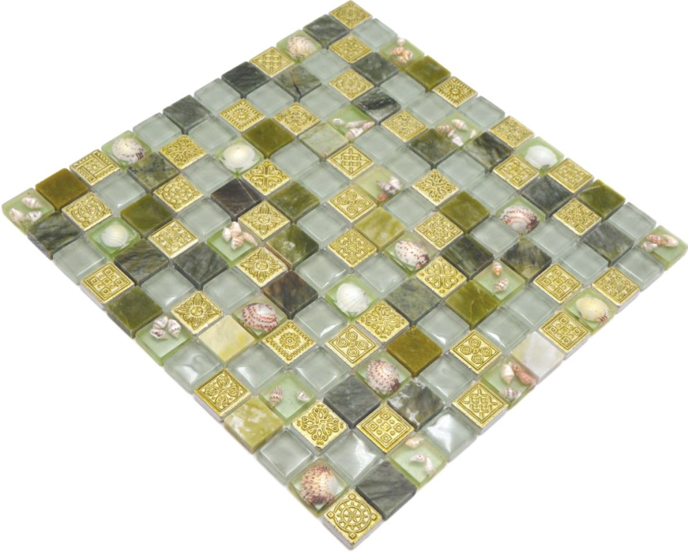 Mosaico cuadrado de vidrio mosaico de piedra mezcla de concha verde mezcla translucida mirada concha brillante