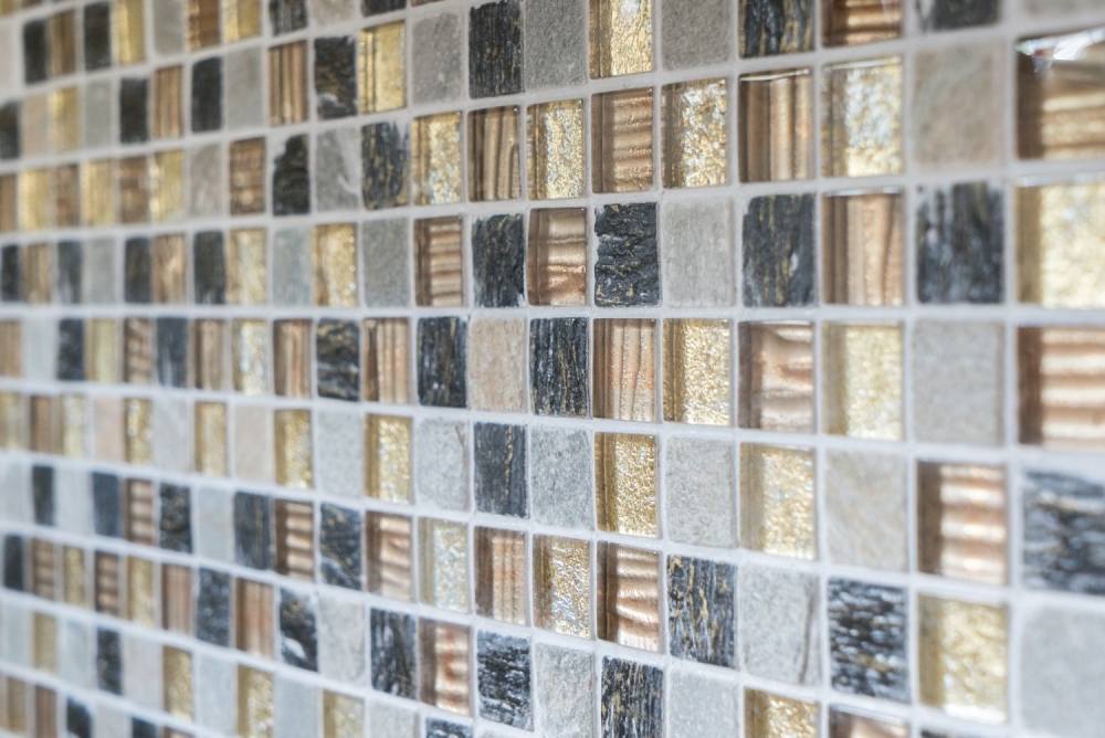 Mosaik Quadrat Glasmosaik Stein mix gold braun Struktur Mix Transluzent matt