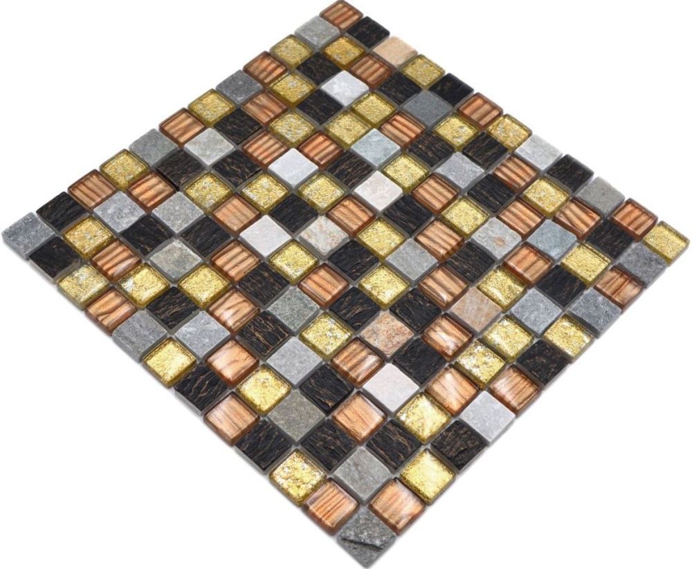 Mosaik Quadrat Glasmosaik Stein mix gold braun Struktur Mix Transluzent matt