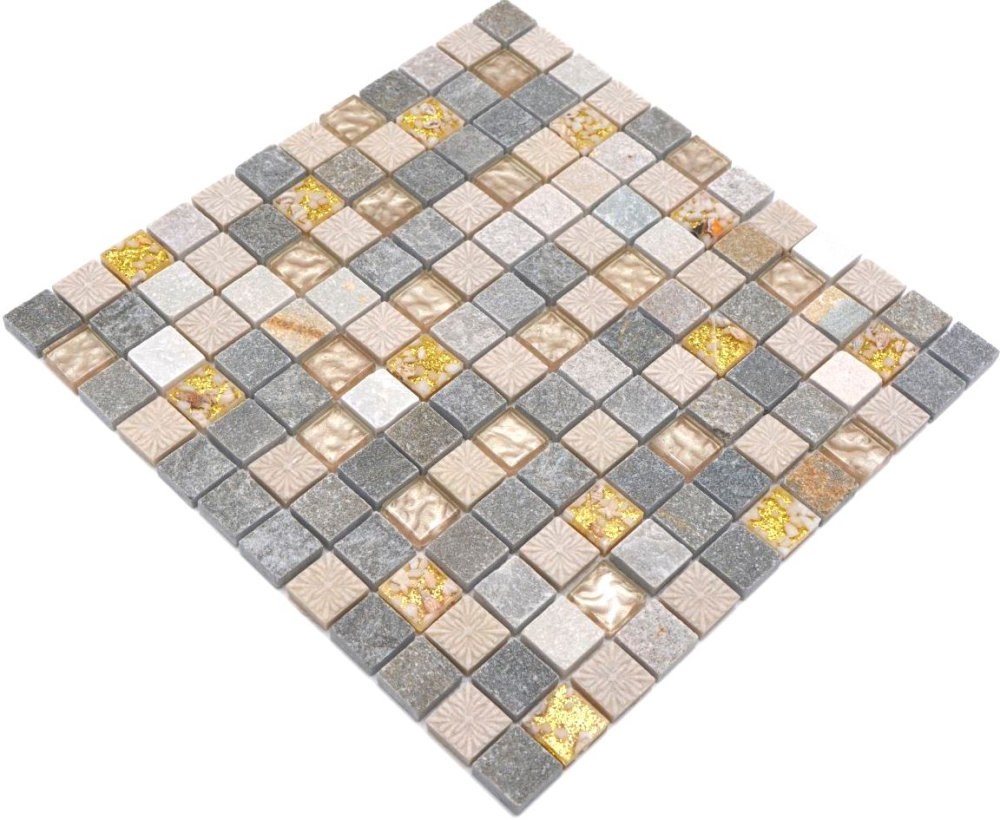Piedra natural Cuarcita rustica Azulejo de mosaico de piedra natural Mosaico de vidrio oro beige gris claro miel Revestimiento de azulejos Revestimiento de paredes Cocina WC - 83-CR27