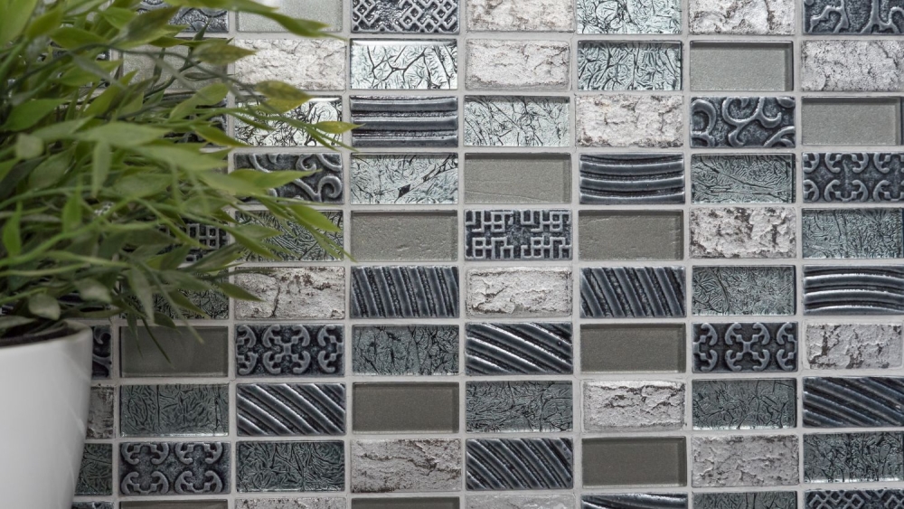 Mosaique Rectangle Mosaique de verre Pierre mix Retro silver Mix translucide aspect croise argent brillant