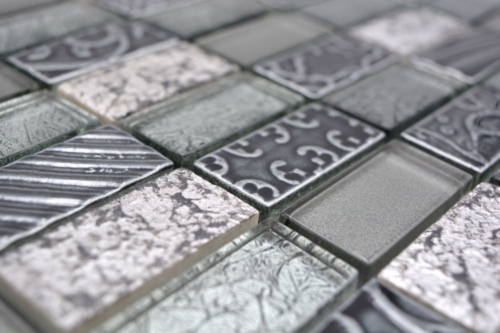 Mosaique Rectangle Mosaique de verre Pierre mix Retro silver Mix translucide aspect croise argent brillant