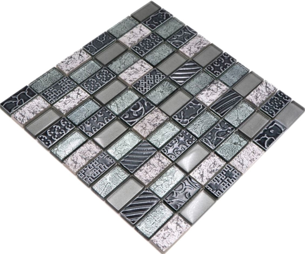 Mosaique Rectangle Mosaique de verre Pierre mix Retro silver Mix translucide aspect croise argent brillant