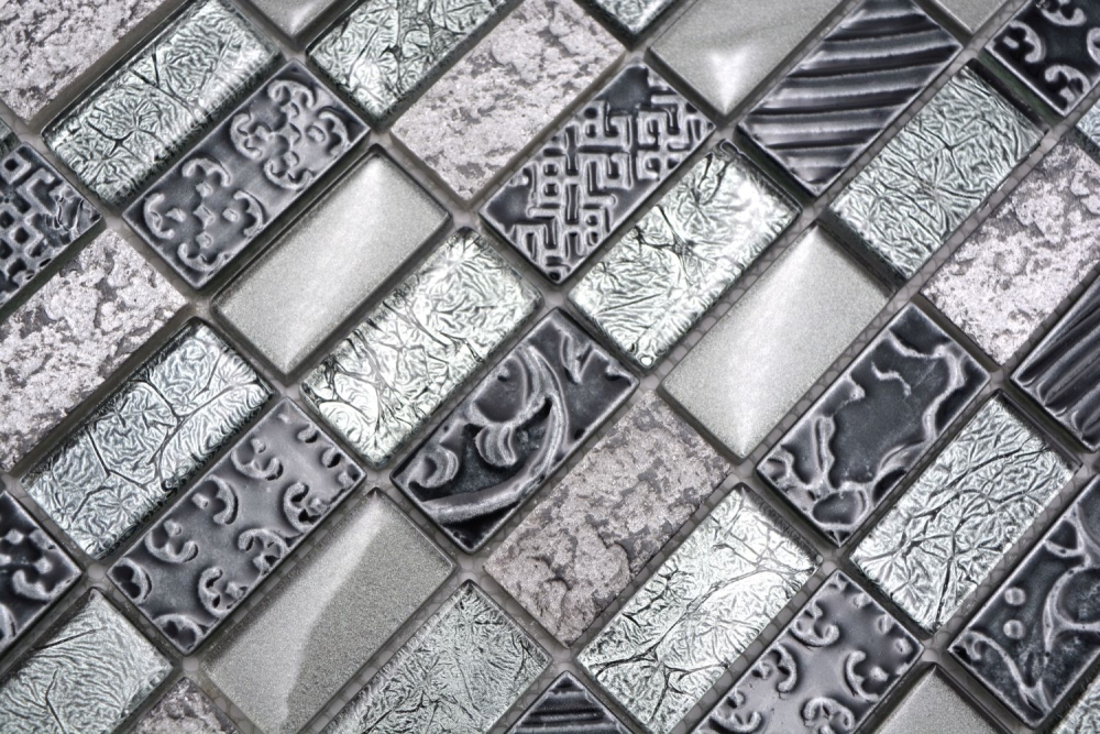 Mosaique Rectangle Mosaique de verre Pierre mix Retro silver Mix translucide aspect croise argent brillant